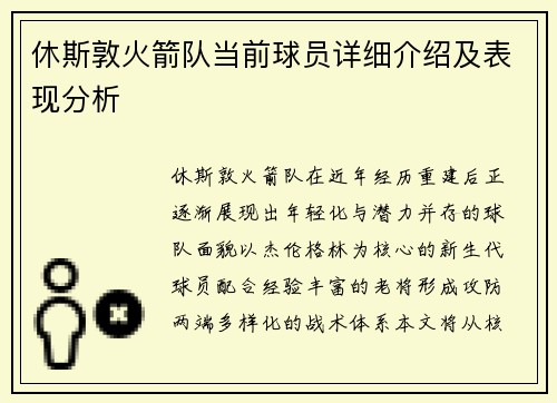 休斯敦火箭队当前球员详细介绍及表现分析